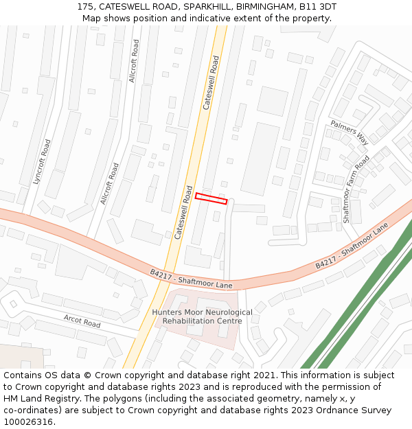 175, CATESWELL ROAD, SPARKHILL, BIRMINGHAM, B11 3DT: Location map and indicative extent of plot