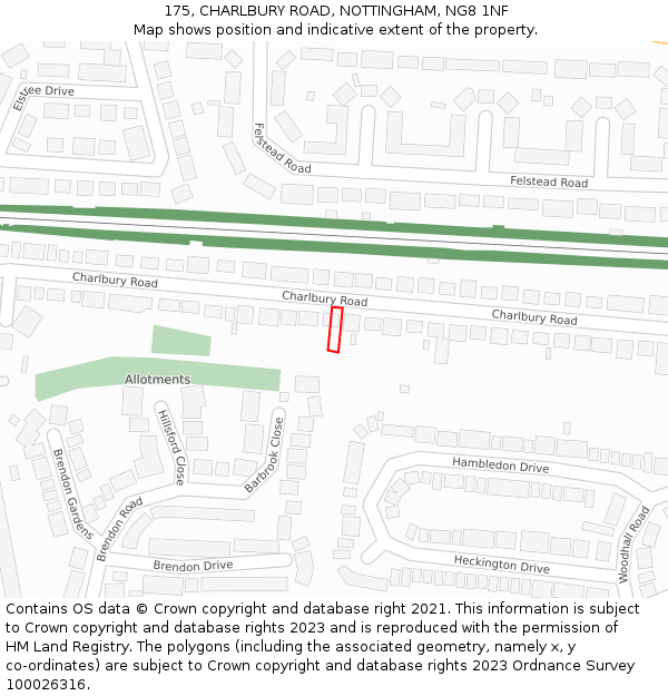 175, CHARLBURY ROAD, NOTTINGHAM, NG8 1NF: Location map and indicative extent of plot