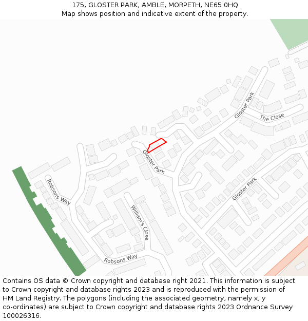 175, GLOSTER PARK, AMBLE, MORPETH, NE65 0HQ: Location map and indicative extent of plot