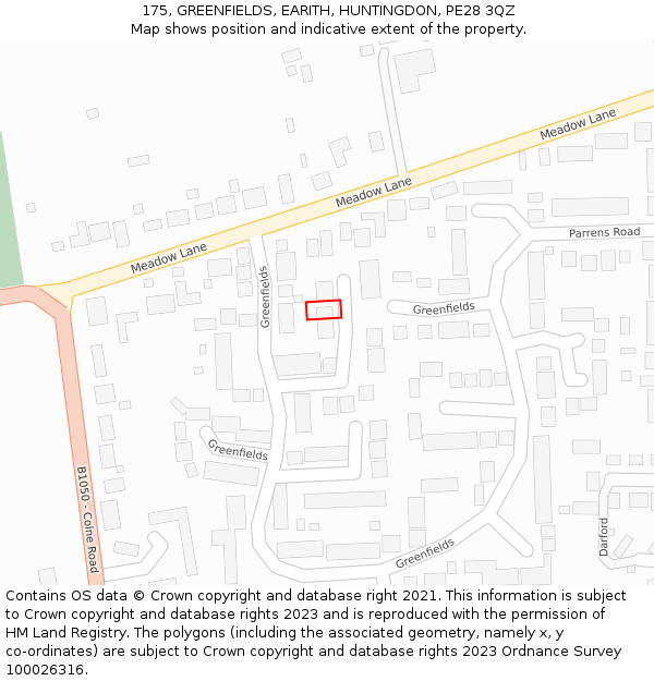 175, GREENFIELDS, EARITH, HUNTINGDON, PE28 3QZ: Location map and indicative extent of plot