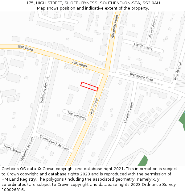 175, HIGH STREET, SHOEBURYNESS, SOUTHEND-ON-SEA, SS3 9AU: Location map and indicative extent of plot