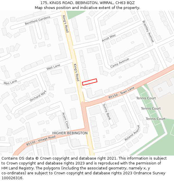 175, KINGS ROAD, BEBINGTON, WIRRAL, CH63 8QZ: Location map and indicative extent of plot