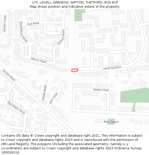 175, LOVELL GARDENS, WATTON, THETFORD, IP25 6UF: Location map and indicative extent of plot