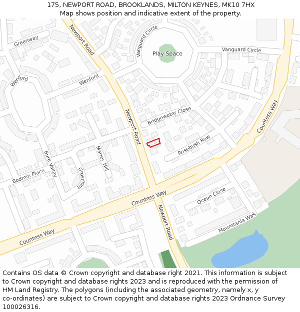 175, NEWPORT ROAD, BROOKLANDS, MILTON KEYNES, MK10 7HX: Location map and indicative extent of plot