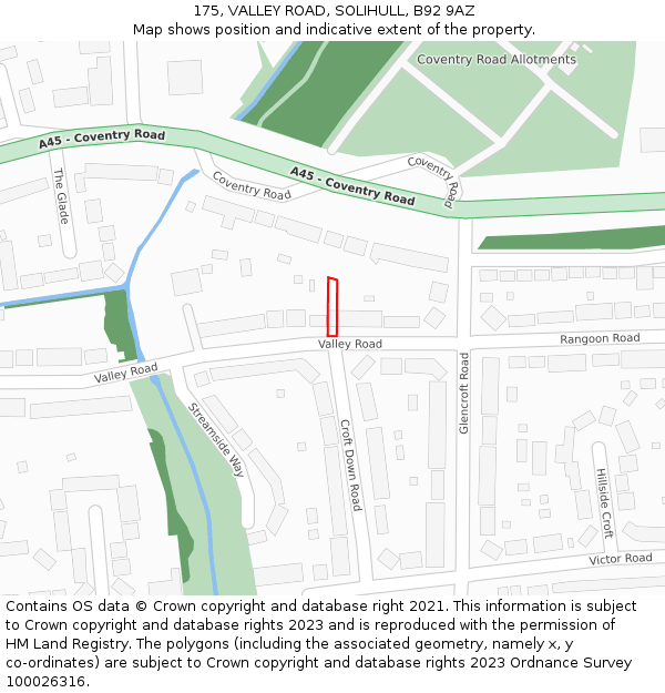 175, VALLEY ROAD, SOLIHULL, B92 9AZ: Location map and indicative extent of plot