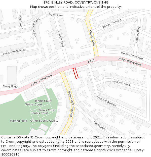 176, BINLEY ROAD, COVENTRY, CV3 1HG: Location map and indicative extent of plot