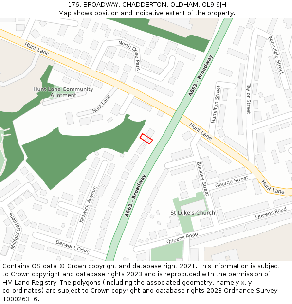 176, BROADWAY, CHADDERTON, OLDHAM, OL9 9JH: Location map and indicative extent of plot