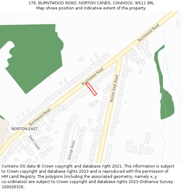 176, BURNTWOOD ROAD, NORTON CANES, CANNOCK, WS11 9RL: Location map and indicative extent of plot