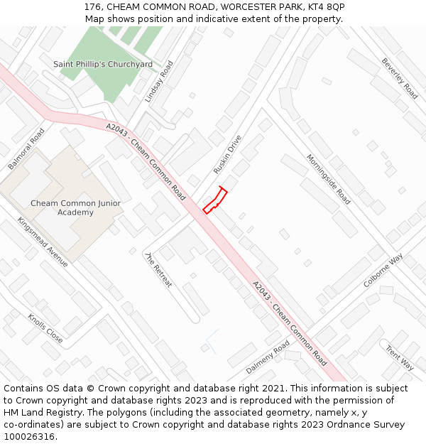 176, CHEAM COMMON ROAD, WORCESTER PARK, KT4 8QP: Location map and indicative extent of plot