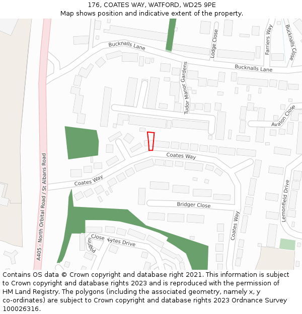 176, COATES WAY, WATFORD, WD25 9PE: Location map and indicative extent of plot