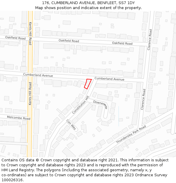 176, CUMBERLAND AVENUE, BENFLEET, SS7 1DY: Location map and indicative extent of plot