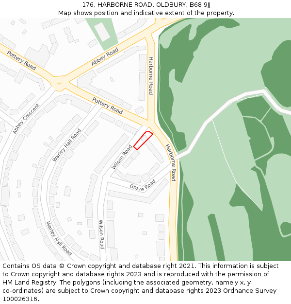 176, HARBORNE ROAD, OLDBURY, B68 9JJ: Location map and indicative extent of plot