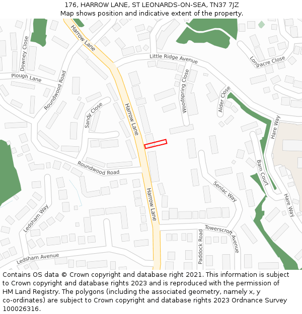 176, HARROW LANE, ST LEONARDS-ON-SEA, TN37 7JZ: Location map and indicative extent of plot