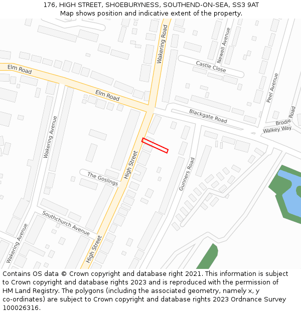 176, HIGH STREET, SHOEBURYNESS, SOUTHEND-ON-SEA, SS3 9AT: Location map and indicative extent of plot