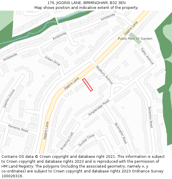 176, JIGGINS LANE, BIRMINGHAM, B32 3EN: Location map and indicative extent of plot