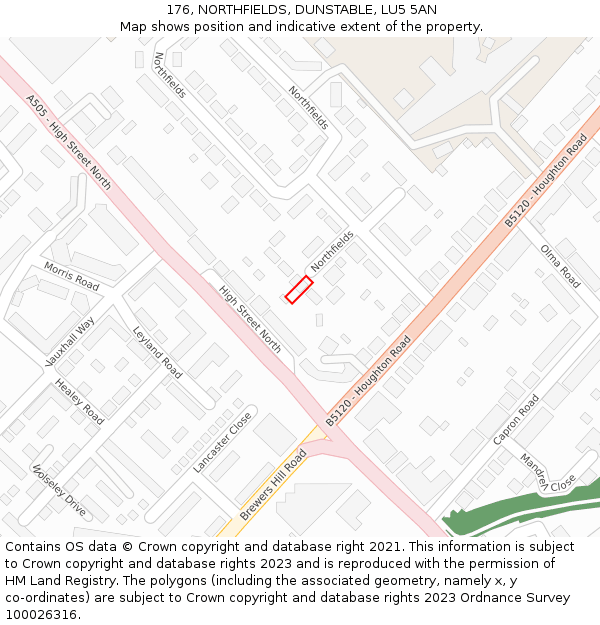 176, NORTHFIELDS, DUNSTABLE, LU5 5AN: Location map and indicative extent of plot