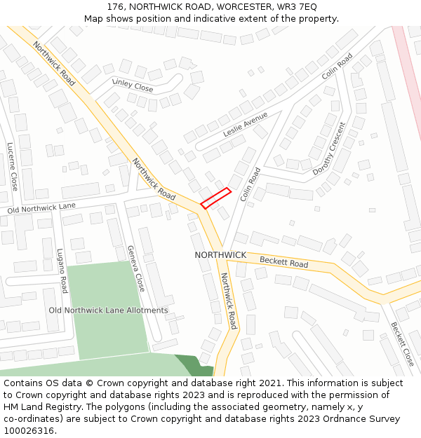 176, NORTHWICK ROAD, WORCESTER, WR3 7EQ: Location map and indicative extent of plot