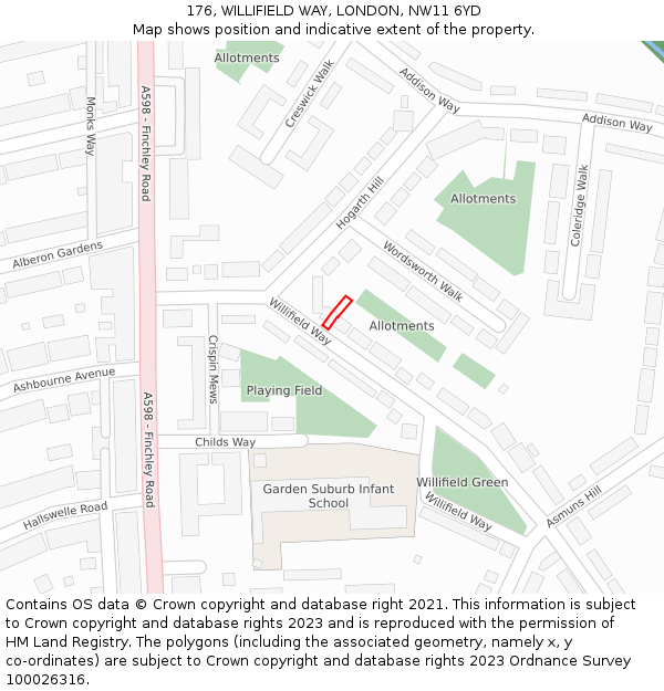 176, WILLIFIELD WAY, LONDON, NW11 6YD: Location map and indicative extent of plot
