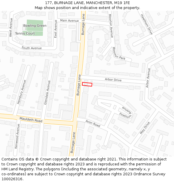 177, BURNAGE LANE, MANCHESTER, M19 1FE: Location map and indicative extent of plot