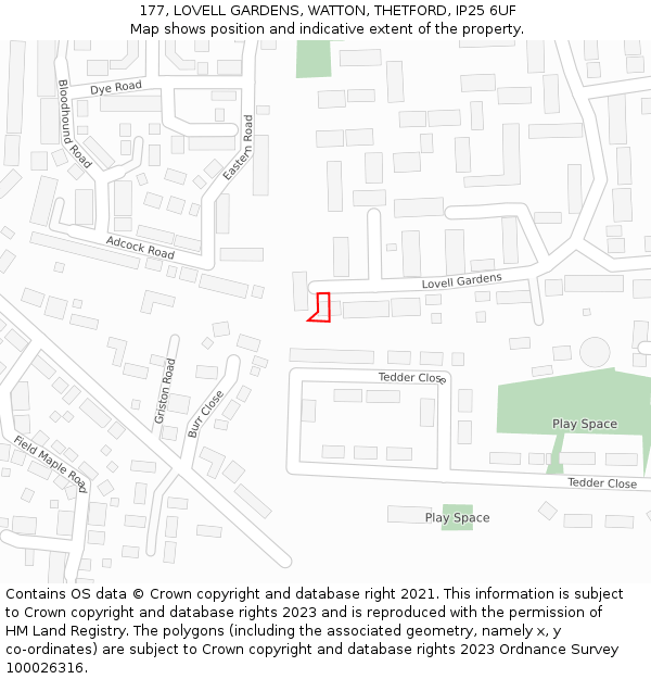 177, LOVELL GARDENS, WATTON, THETFORD, IP25 6UF: Location map and indicative extent of plot