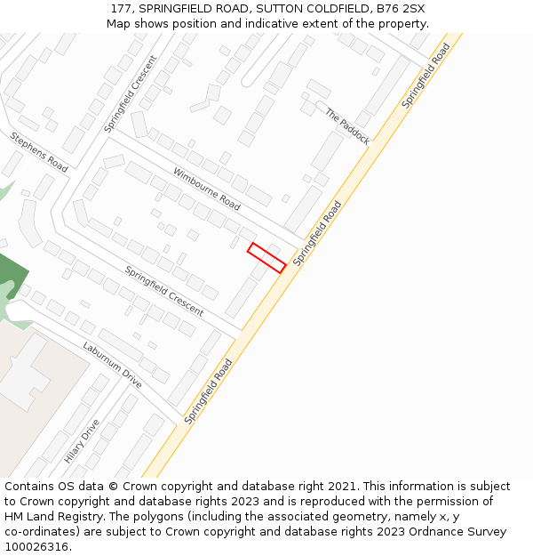 177, SPRINGFIELD ROAD, SUTTON COLDFIELD, B76 2SX: Location map and indicative extent of plot