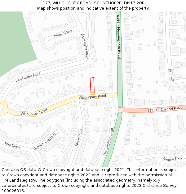 177, WILLOUGHBY ROAD, SCUNTHORPE, DN17 2QP: Location map and indicative extent of plot