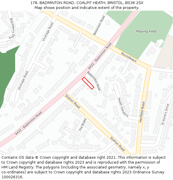 178, BADMINTON ROAD, COALPIT HEATH, BRISTOL, BS36 2SX: Location map and indicative extent of plot