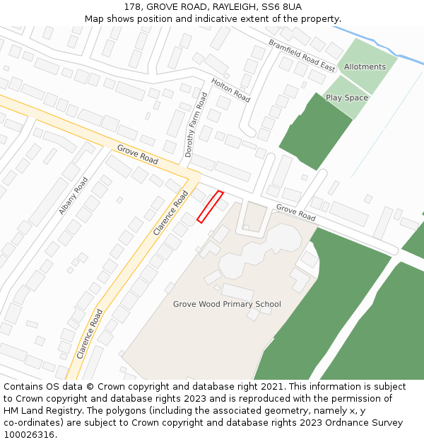 178, GROVE ROAD, RAYLEIGH, SS6 8UA: Location map and indicative extent of plot