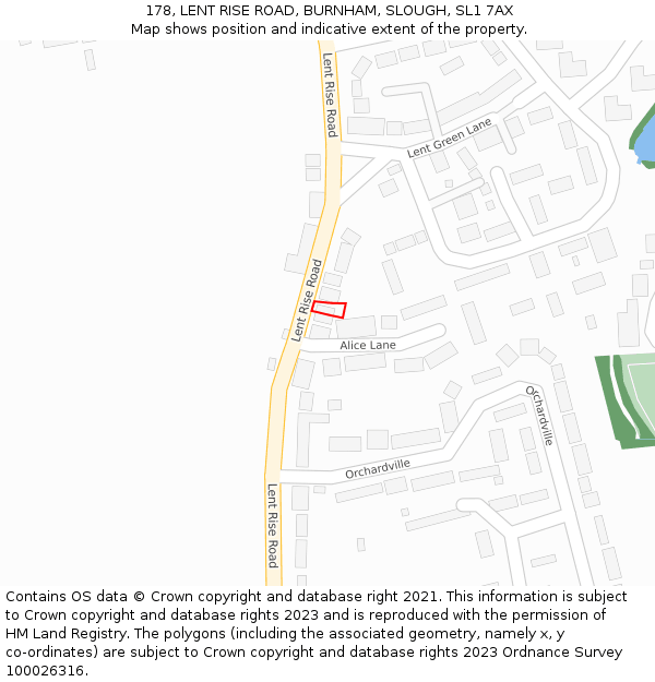 178, LENT RISE ROAD, BURNHAM, SLOUGH, SL1 7AX: Location map and indicative extent of plot