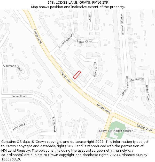 178, LODGE LANE, GRAYS, RM16 2TP: Location map and indicative extent of plot