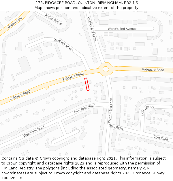 178, RIDGACRE ROAD, QUINTON, BIRMINGHAM, B32 1JS: Location map and indicative extent of plot