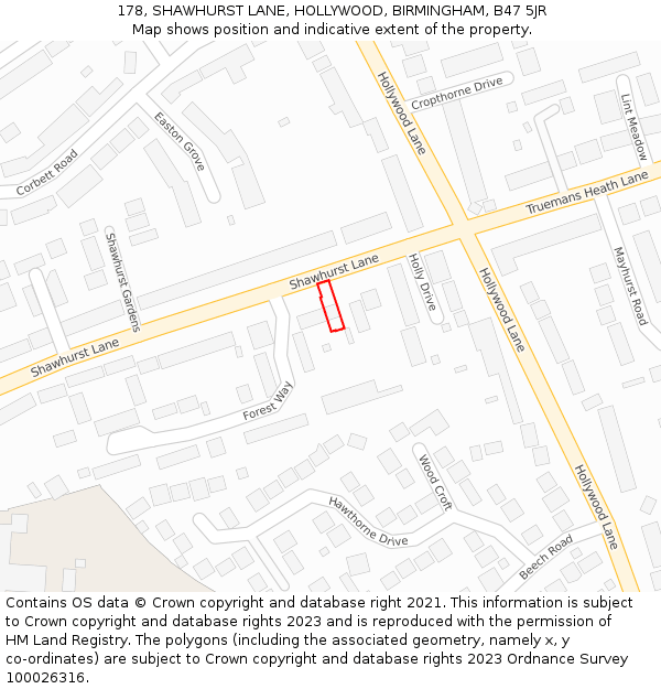 178, SHAWHURST LANE, HOLLYWOOD, BIRMINGHAM, B47 5JR: Location map and indicative extent of plot