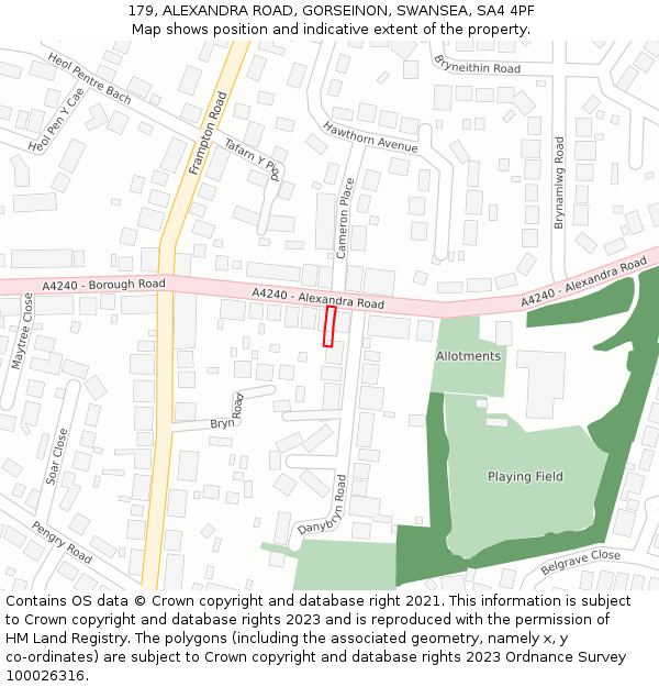 179, ALEXANDRA ROAD, GORSEINON, SWANSEA, SA4 4PF: Location map and indicative extent of plot