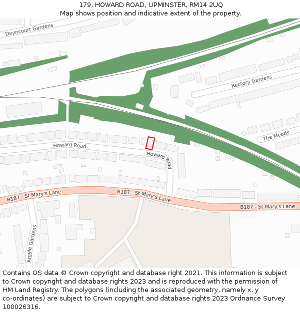 179, HOWARD ROAD, UPMINSTER, RM14 2UQ: Location map and indicative extent of plot