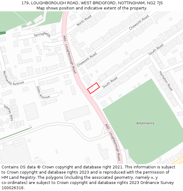 179, LOUGHBOROUGH ROAD, WEST BRIDGFORD, NOTTINGHAM, NG2 7JS: Location map and indicative extent of plot