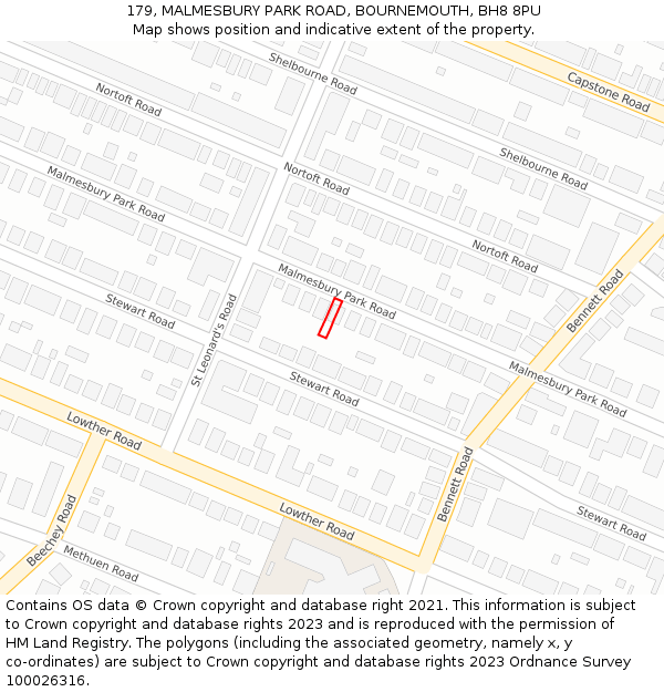 179, MALMESBURY PARK ROAD, BOURNEMOUTH, BH8 8PU: Location map and indicative extent of plot