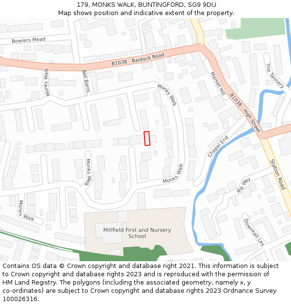 179, MONKS WALK, BUNTINGFORD, SG9 9DU: Location map and indicative extent of plot