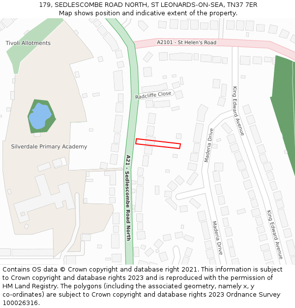 179, SEDLESCOMBE ROAD NORTH, ST LEONARDS-ON-SEA, TN37 7ER: Location map and indicative extent of plot