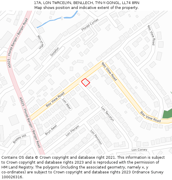 17A, LON TWRCELYN, BENLLECH, TYN-Y-GONGL, LL74 8RN: Location map and indicative extent of plot