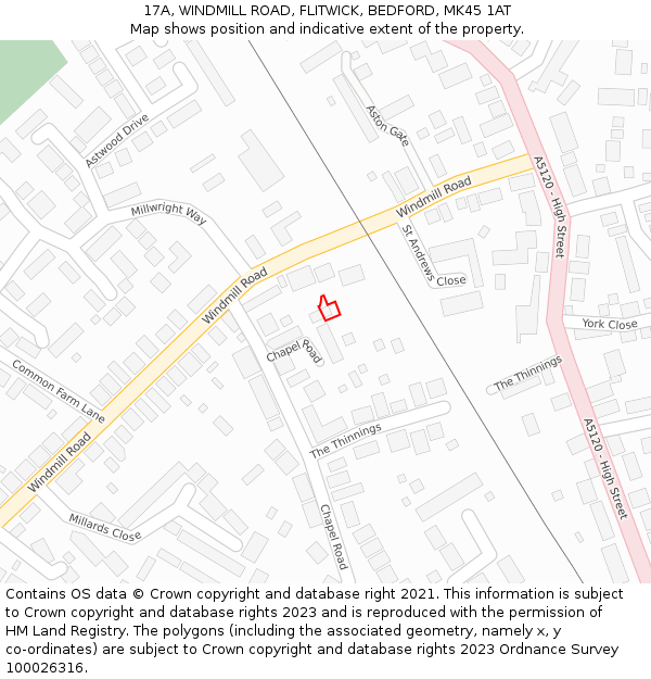 17A, WINDMILL ROAD, FLITWICK, BEDFORD, MK45 1AT: Location map and indicative extent of plot