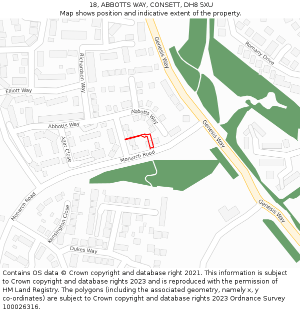 18, ABBOTTS WAY, CONSETT, DH8 5XU: Location map and indicative extent of plot