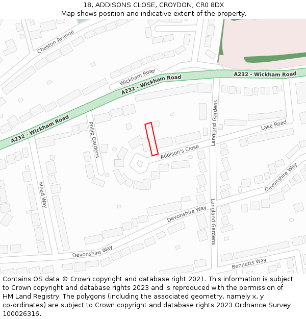 18, ADDISONS CLOSE, CROYDON, CR0 8DX: Location map and indicative extent of plot