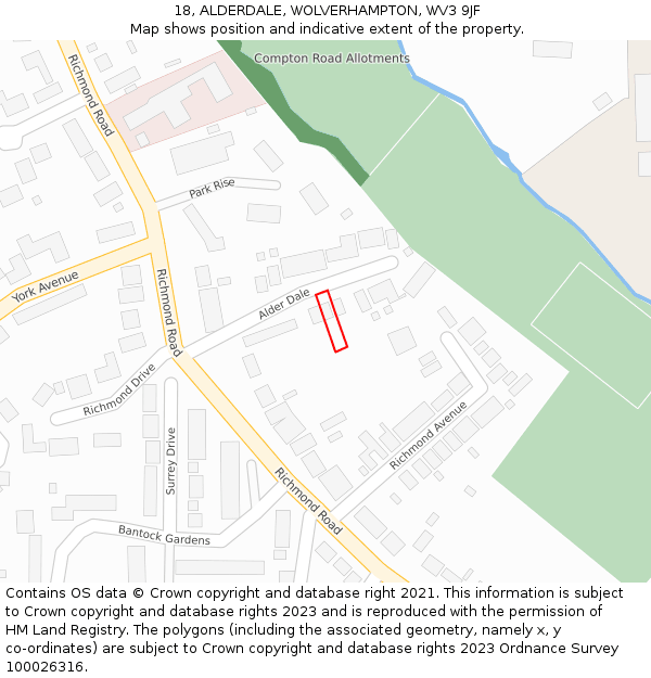 18, ALDERDALE, WOLVERHAMPTON, WV3 9JF: Location map and indicative extent of plot