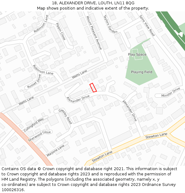 18, ALEXANDER DRIVE, LOUTH, LN11 8QG: Location map and indicative extent of plot