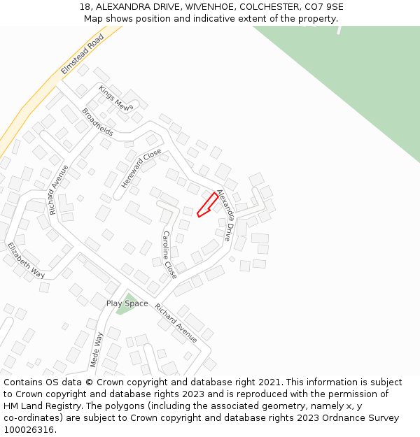 18, ALEXANDRA DRIVE, WIVENHOE, COLCHESTER, CO7 9SE: Location map and indicative extent of plot