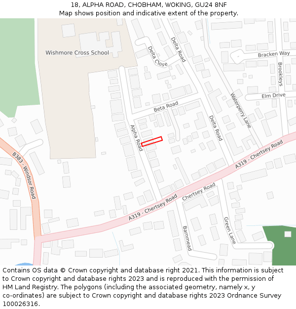 18, ALPHA ROAD, CHOBHAM, WOKING, GU24 8NF: Location map and indicative extent of plot