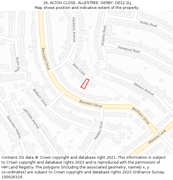 18, ALTON CLOSE, ALLESTREE, DERBY, DE22 2LJ: Location map and indicative extent of plot