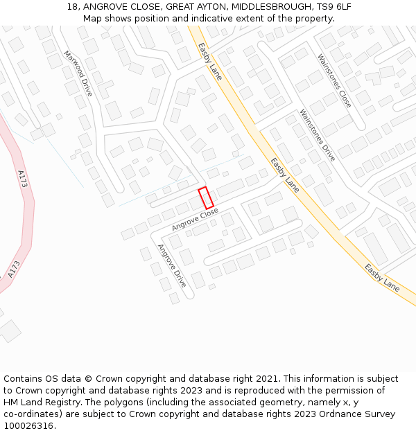 18, ANGROVE CLOSE, GREAT AYTON, MIDDLESBROUGH, TS9 6LF: Location map and indicative extent of plot