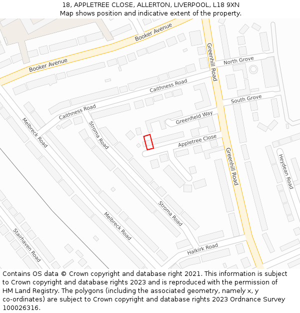 18, APPLETREE CLOSE, ALLERTON, LIVERPOOL, L18 9XN: Location map and indicative extent of plot