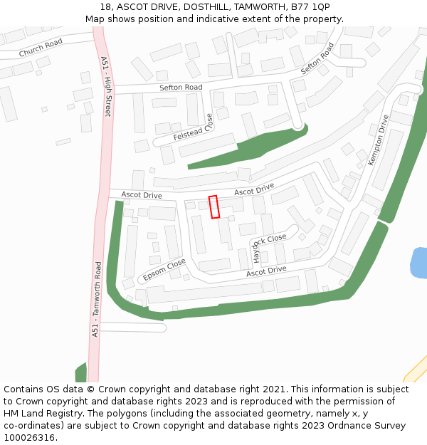 18, ASCOT DRIVE, DOSTHILL, TAMWORTH, B77 1QP: Location map and indicative extent of plot